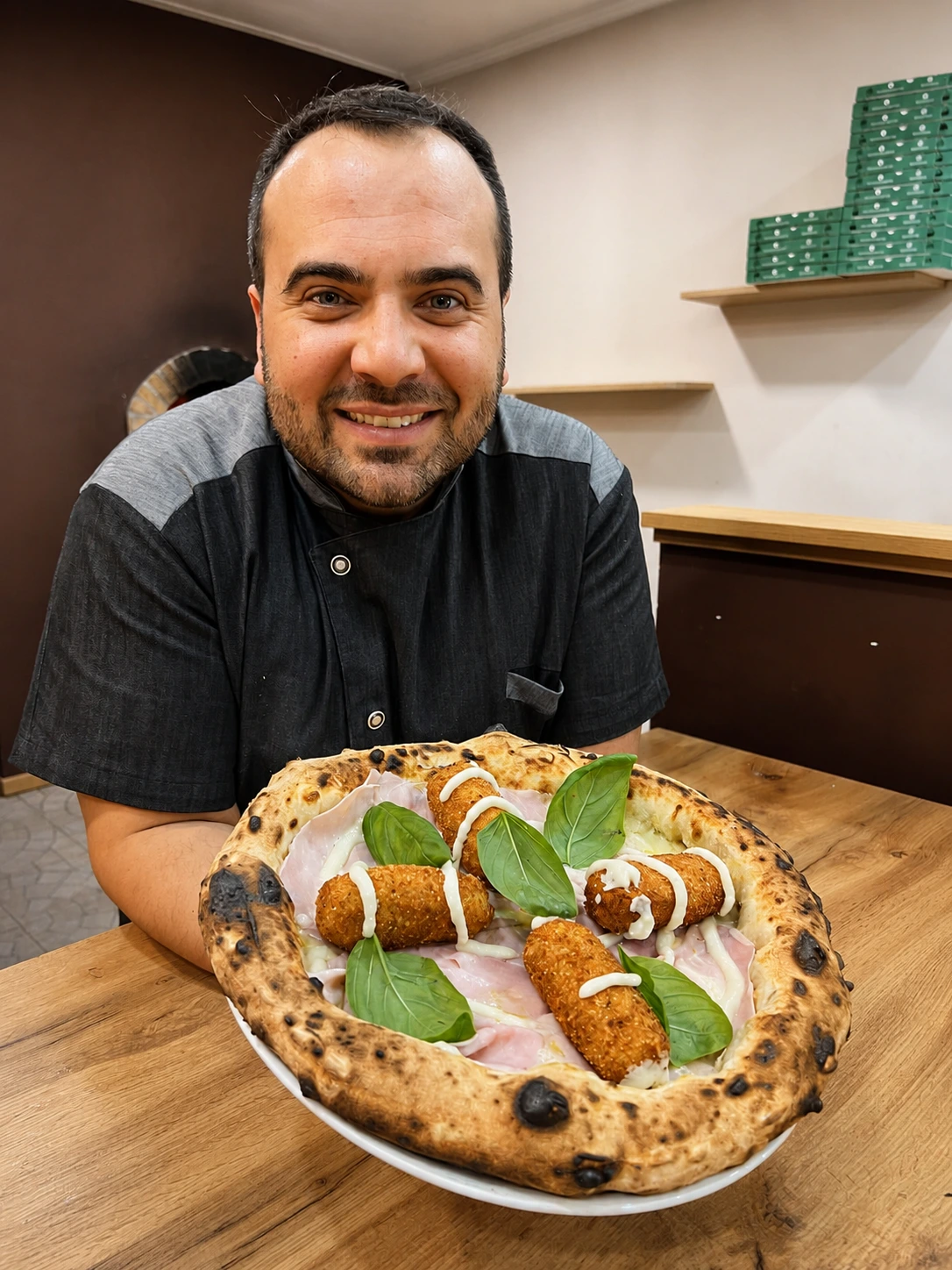 Pizzaiolo di Pizzeria Sud con una pizza guarnita con crocché e prosciutto